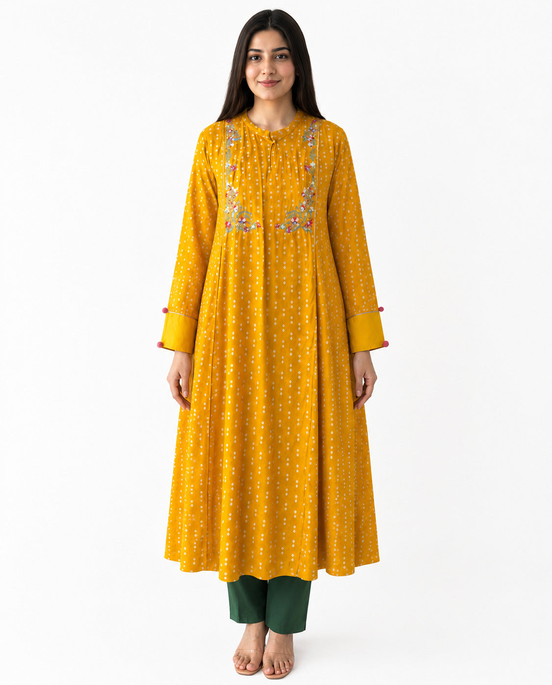 Mustard Yellow Embroidered A-Line Long Kurta for Women