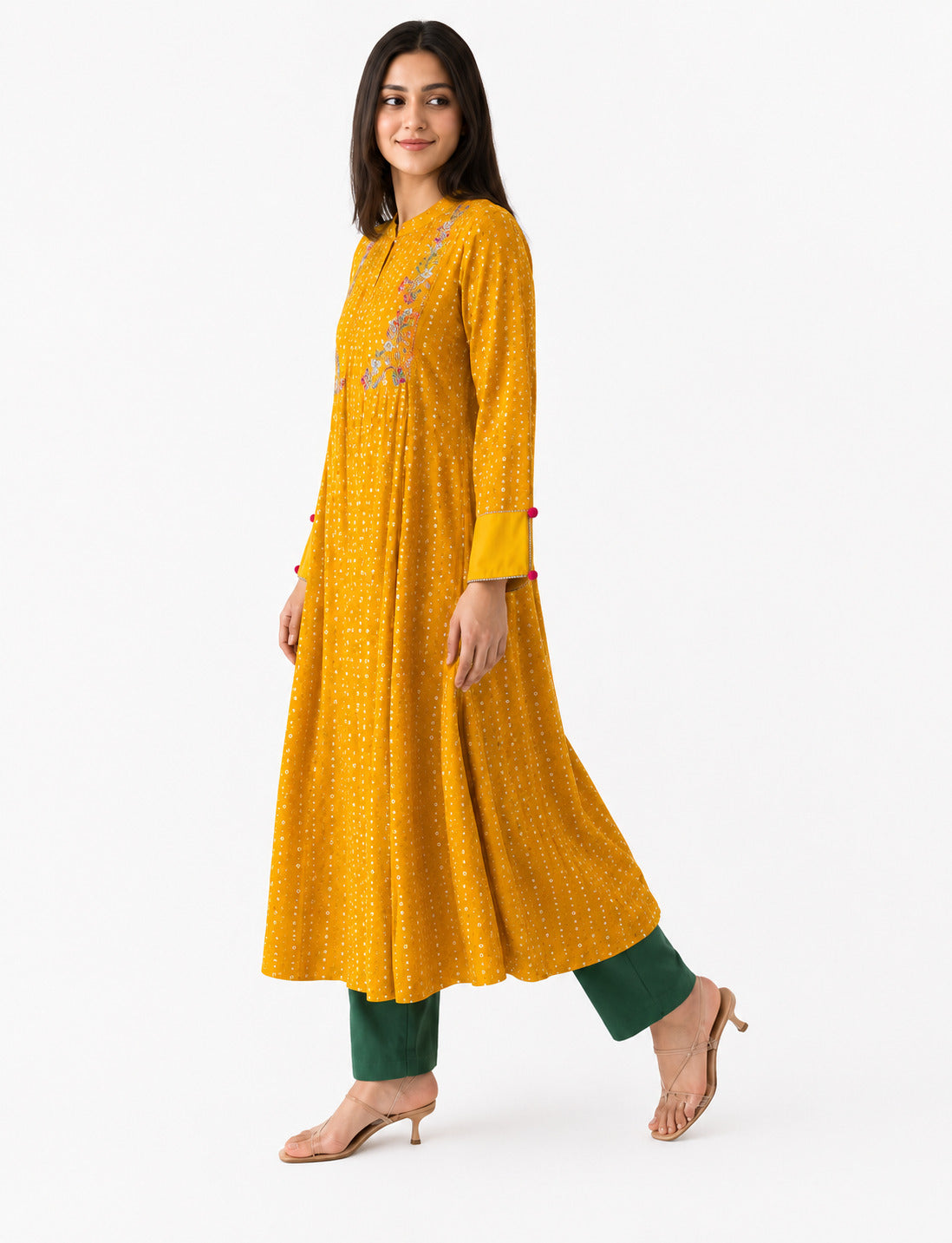 Mustard Yellow Embroidered A-Line Long Kurta for Women