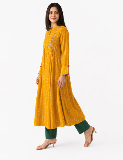 Mustard Yellow Embroidered A-Line Long Kurta for Women