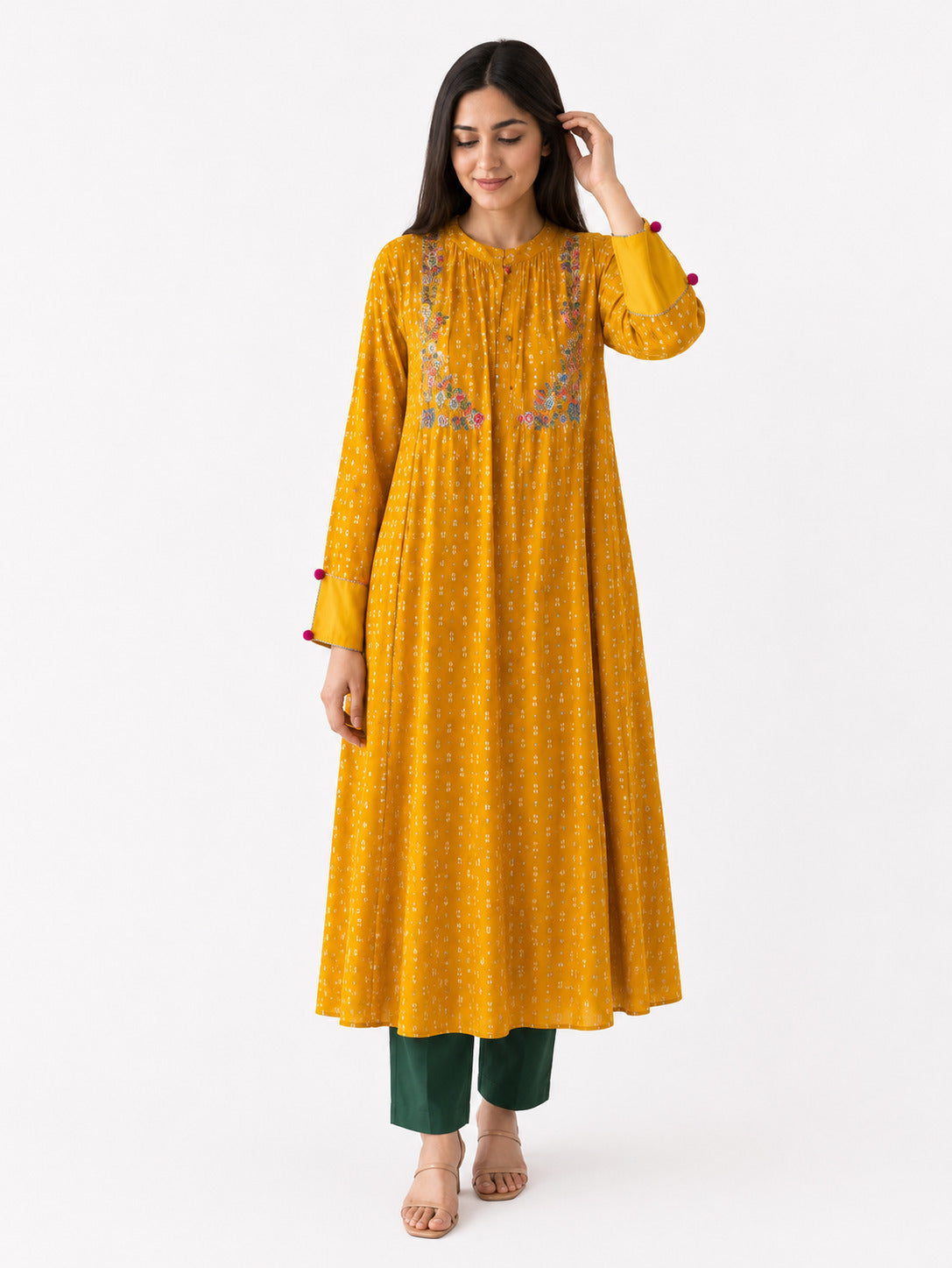 Mustard Yellow Embroidered A-Line Long Kurta for Women