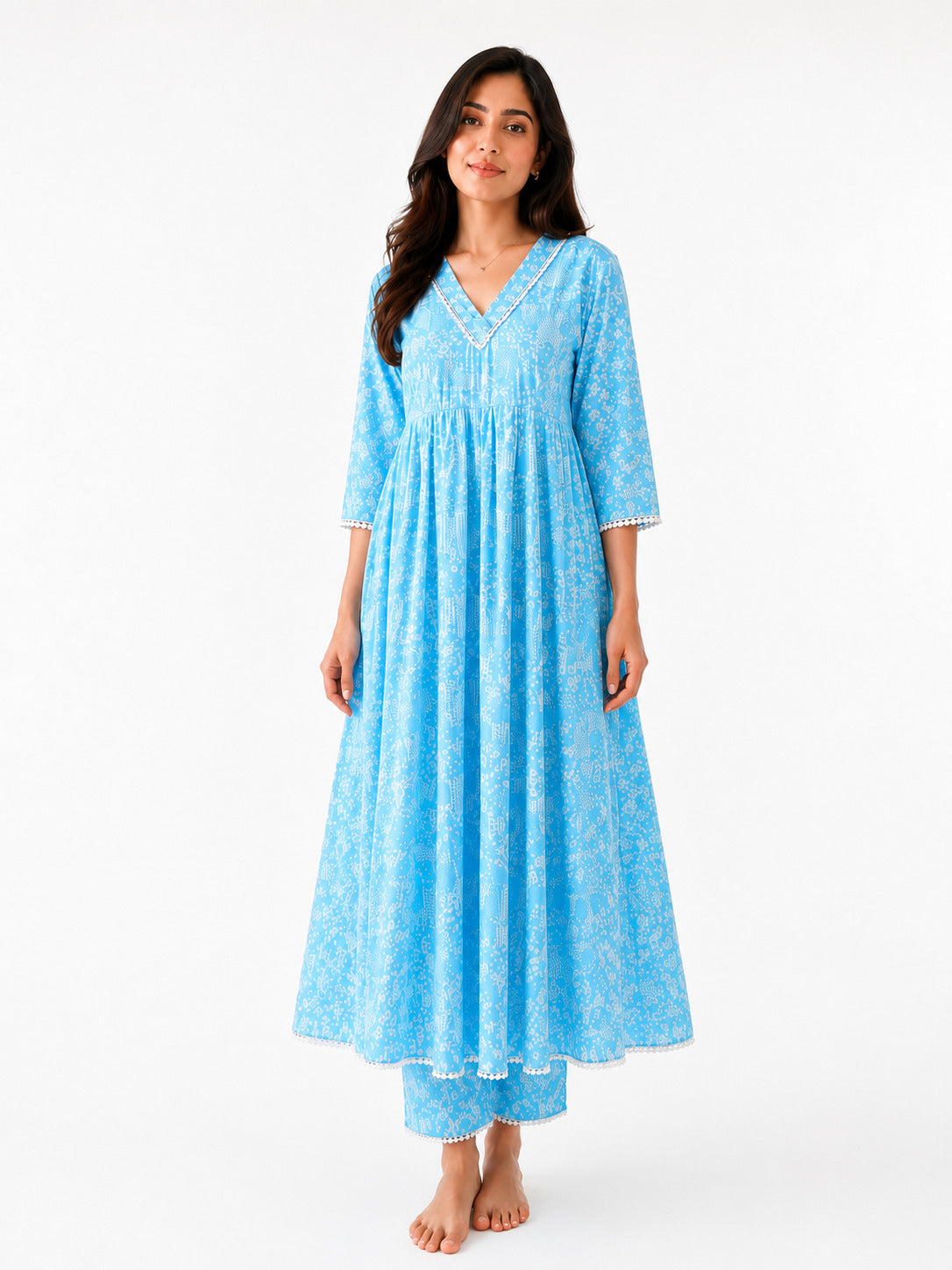 Women's Sky Blue Printed Cotton Nighty with 3/4 Sleeves – Comfortable Lounge Wear