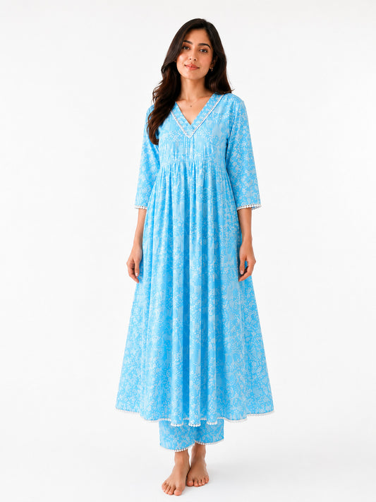 Women's Sky Blue Printed Cotton Nighty with 3/4 Sleeves – Comfortable Lounge Wear