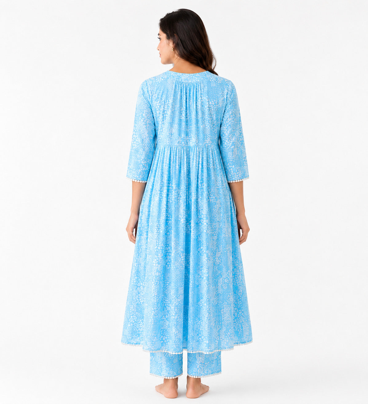 Women's Sky Blue Printed Cotton Nighty with 3/4 Sleeves – Comfortable Lounge Wear