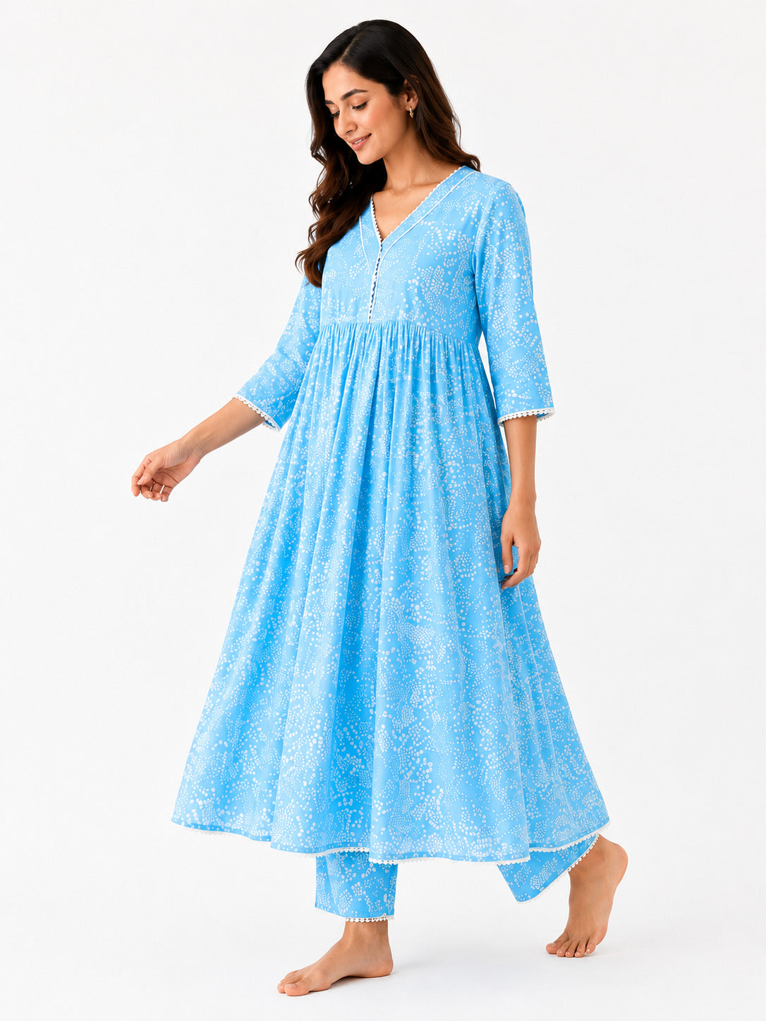 Women's Sky Blue Printed Cotton Nighty with 3/4 Sleeves – Comfortable Lounge Wear