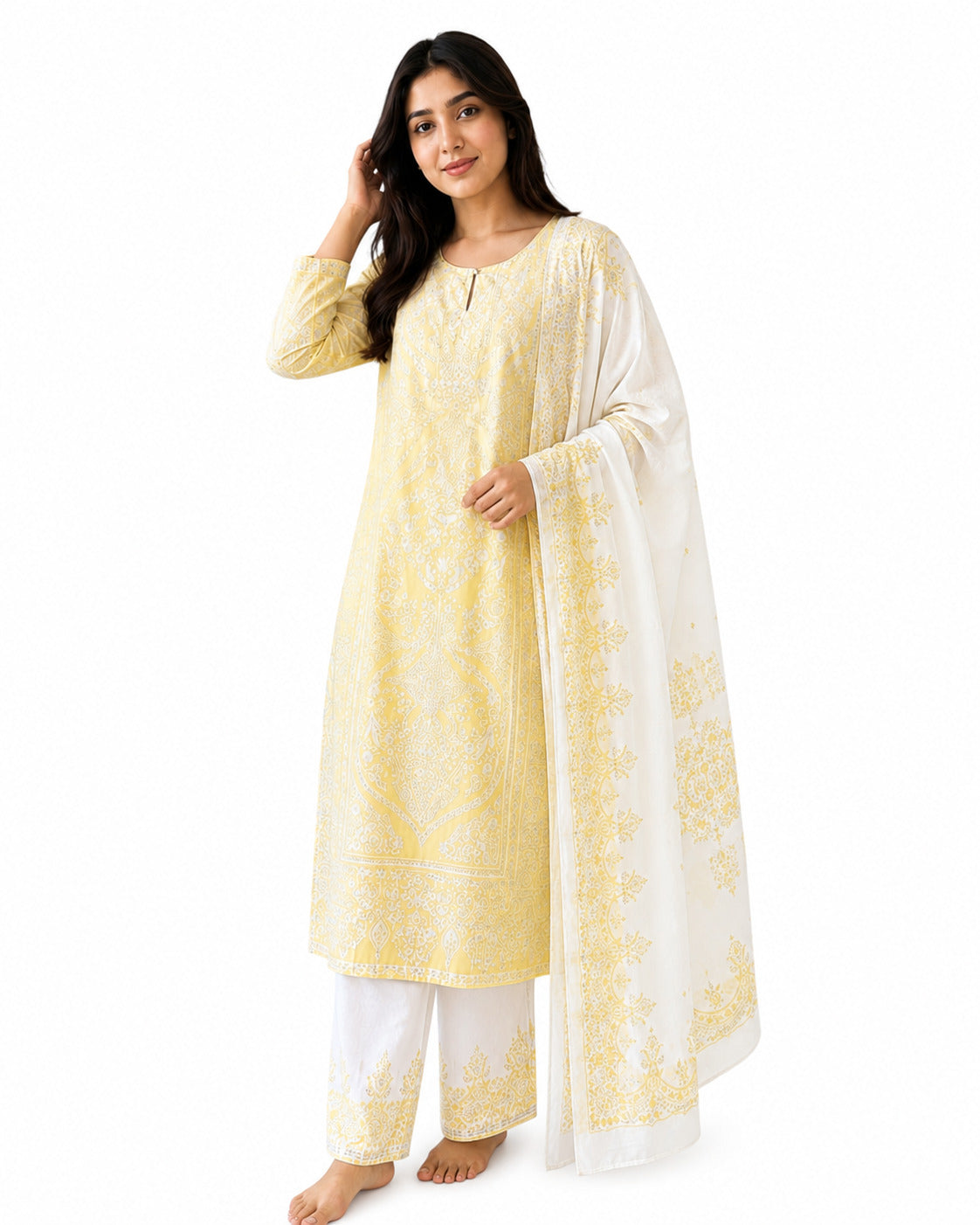 Pastel Yellow Printed Lawn 3-Piece Suit with Dupatta