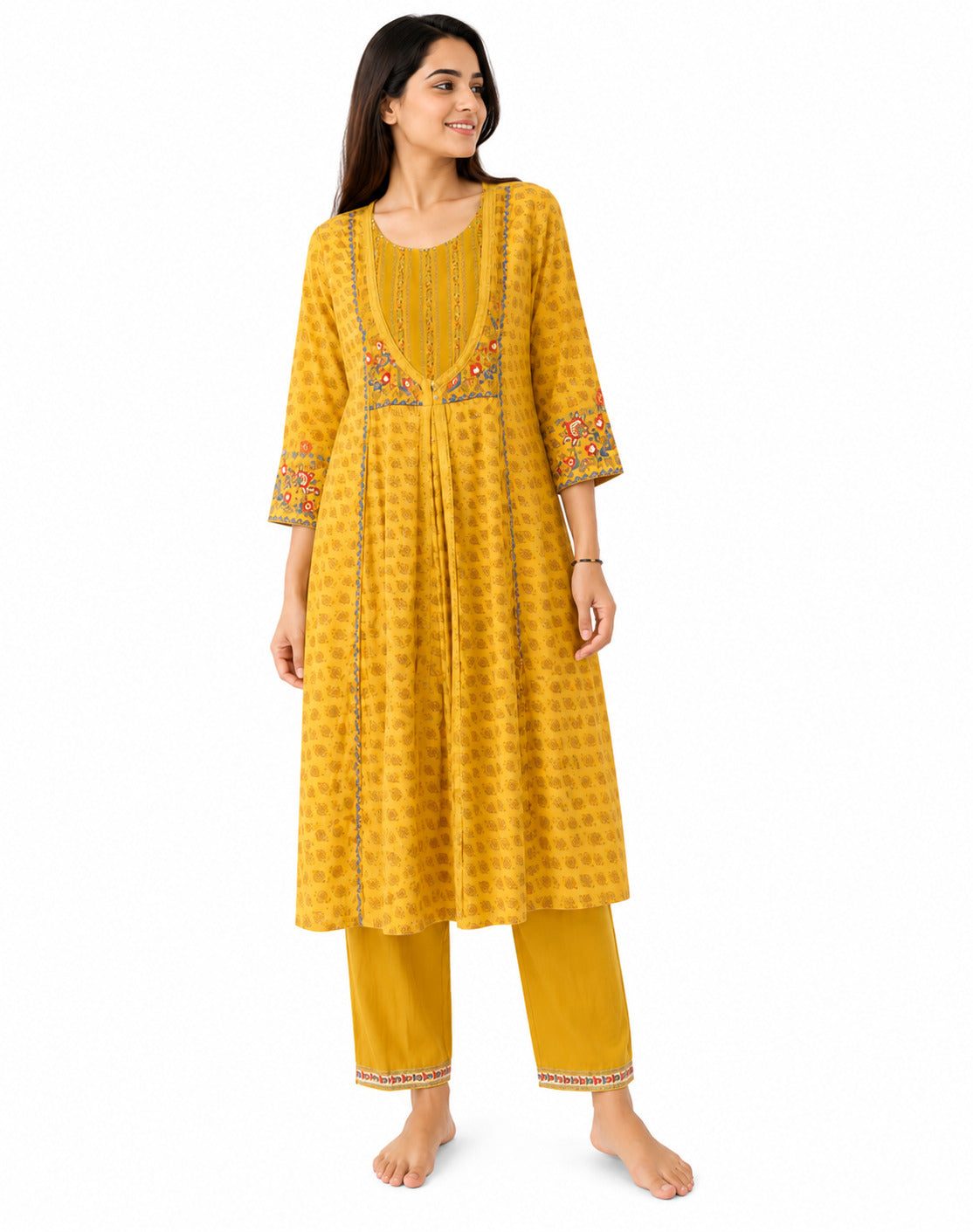 Mustard Yellow Printed Cotton Kurta Pant Set for Women with Embroidered Yoke