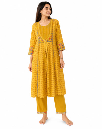 Mustard Yellow Printed Cotton Kurta Pant Set for Women with Embroidered Yoke