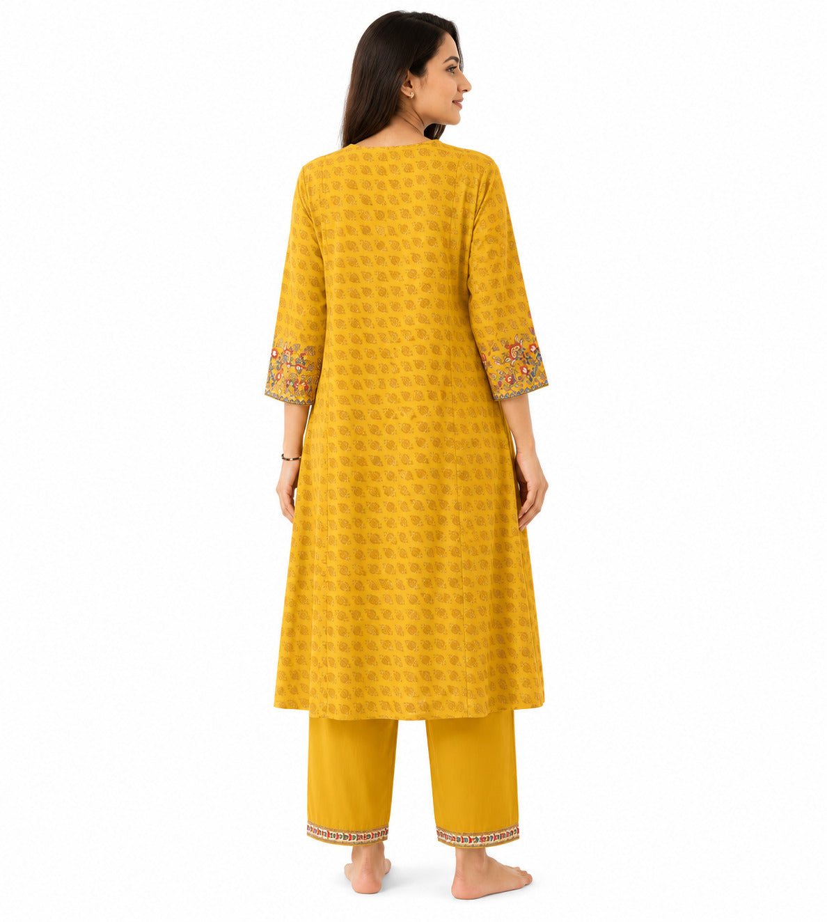 Mustard Yellow Printed Cotton Kurta Pant Set for Women with Embroidered Yoke