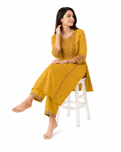 Mustard Yellow Printed Cotton Kurta Pant Set for Women with Embroidered Yoke