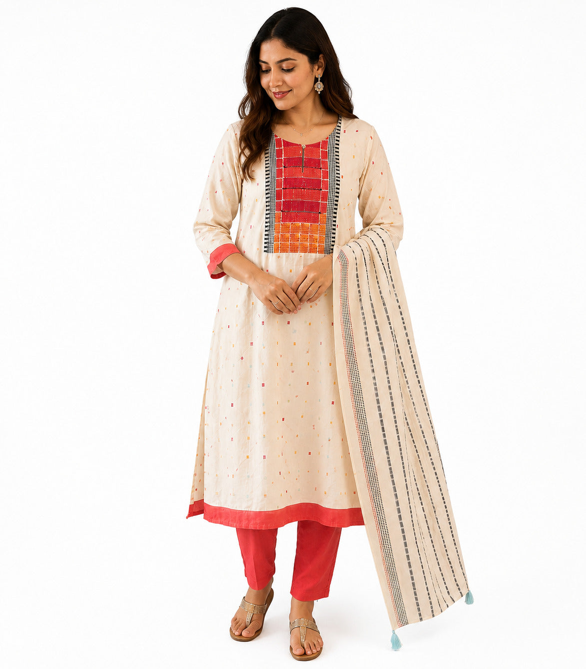 Women's Off-White Embroidered Cotton Kurta Set with Dupatta & Coral Pants