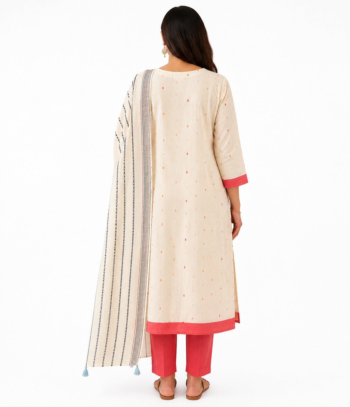 Women's Off-White Embroidered Cotton Kurta Set with Dupatta & Coral Pants