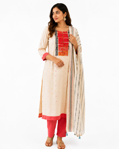 Women's Off-White Embroidered Cotton Kurta Set with Dupatta & Coral Pants