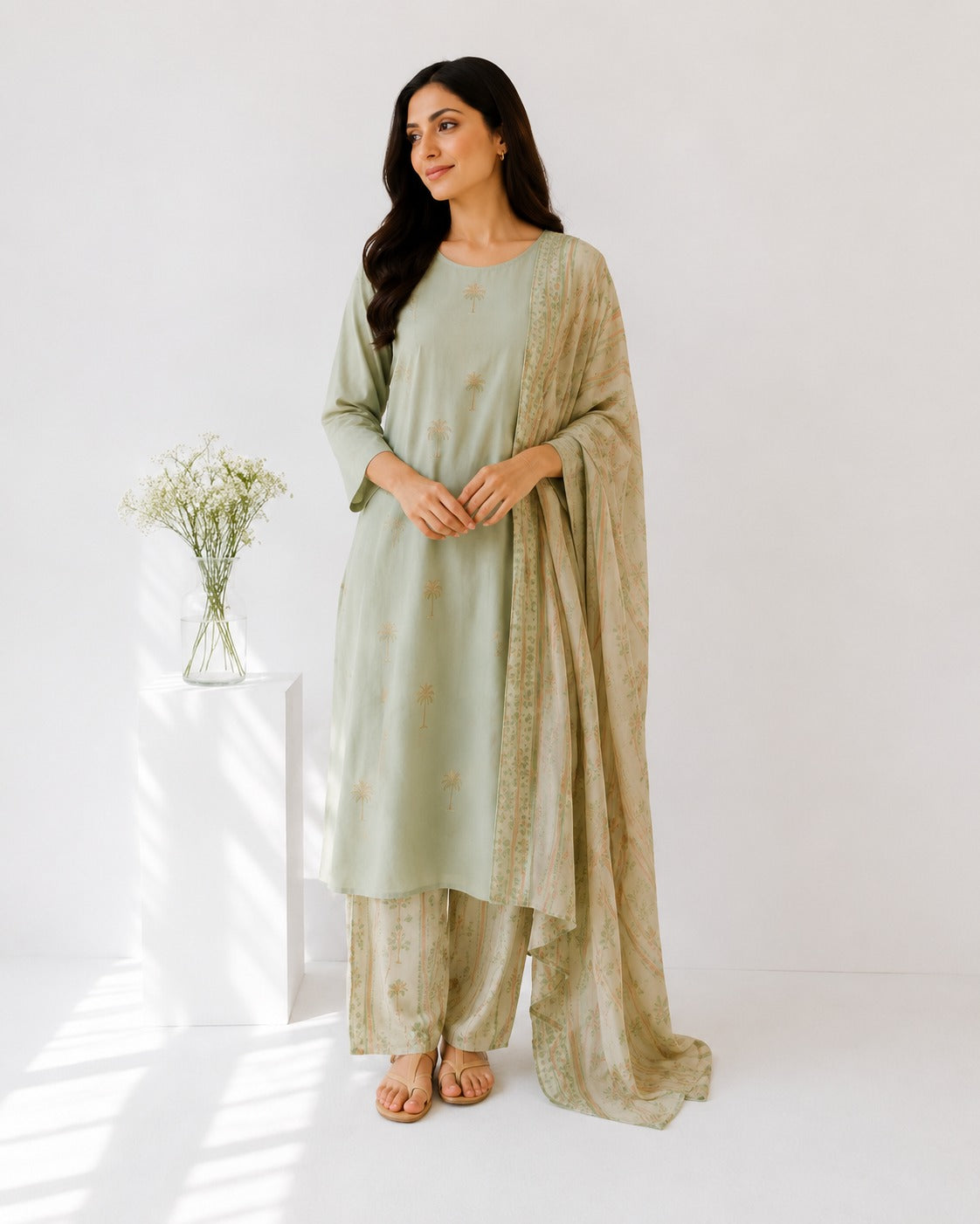 Sage Green Embroidered Kurta Set with Printed Palazzo & Dupatta