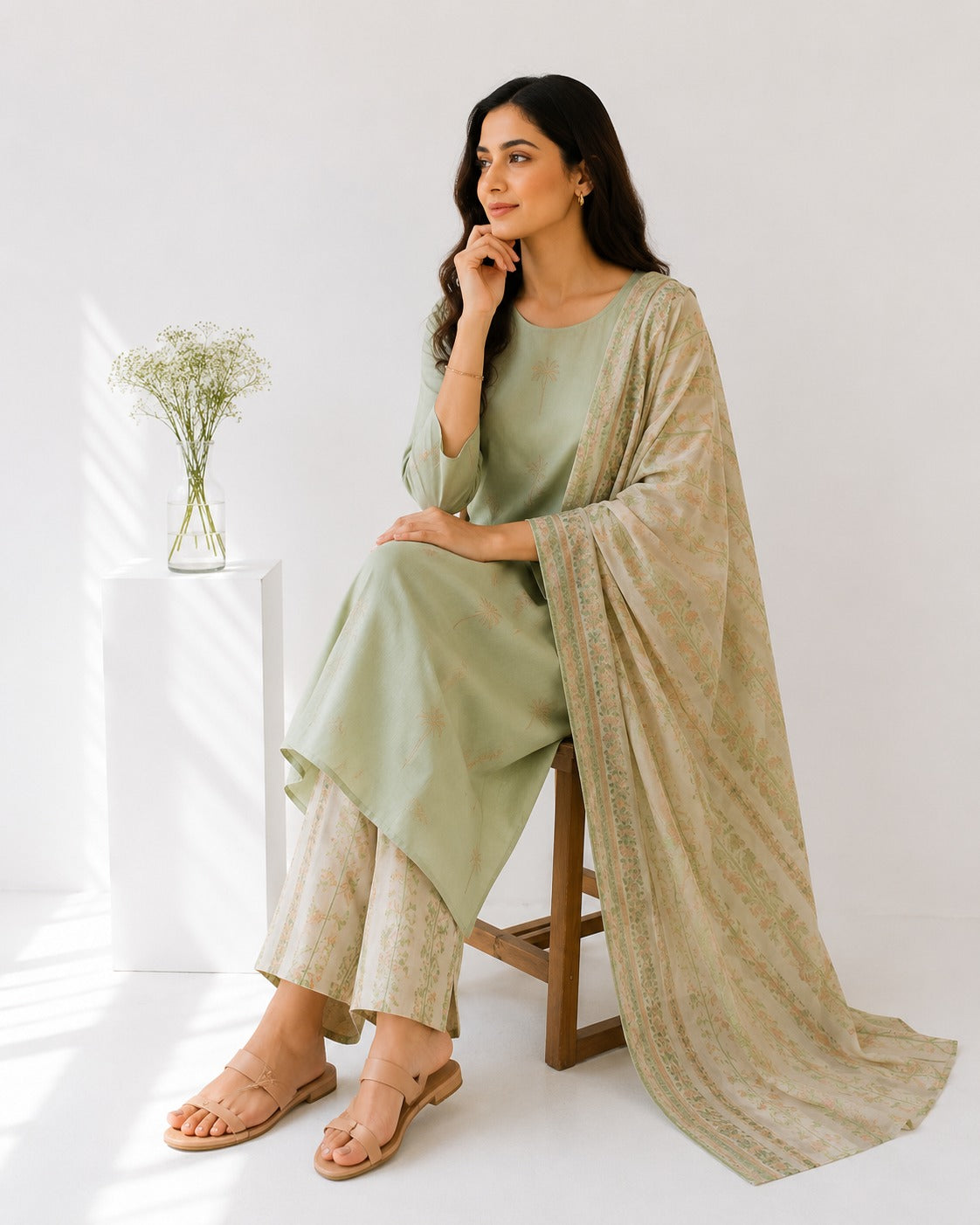Sage Green Embroidered Kurta Set with Printed Palazzo & Dupatta