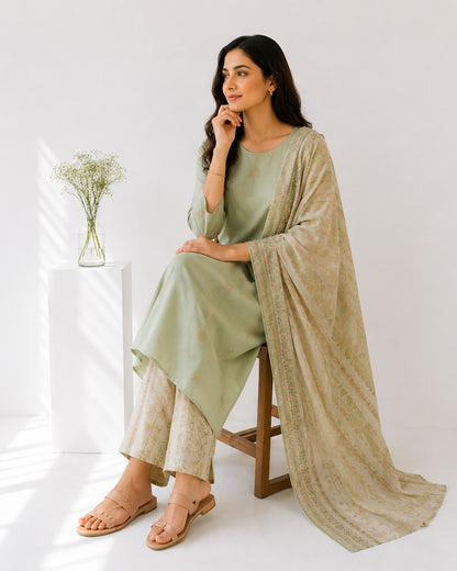 Sage Green Embroidered Kurta Set with Printed Palazzo & Dupatta