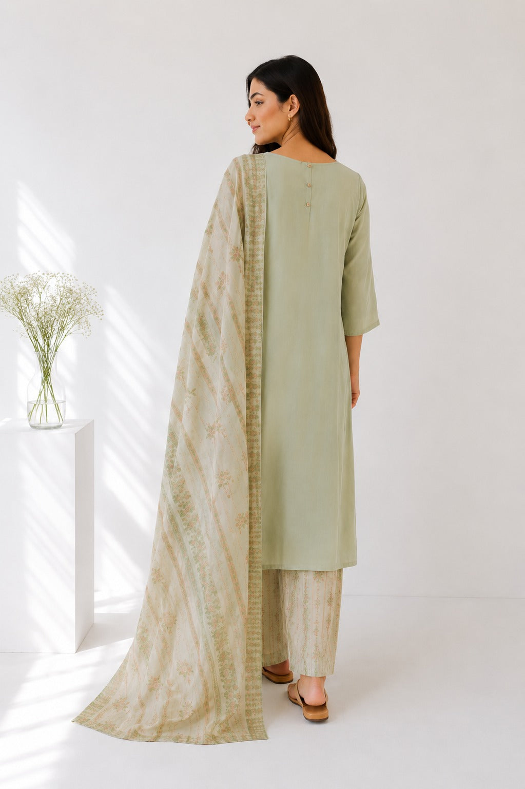 Sage Green Embroidered Kurta Set with Printed Palazzo & Dupatta