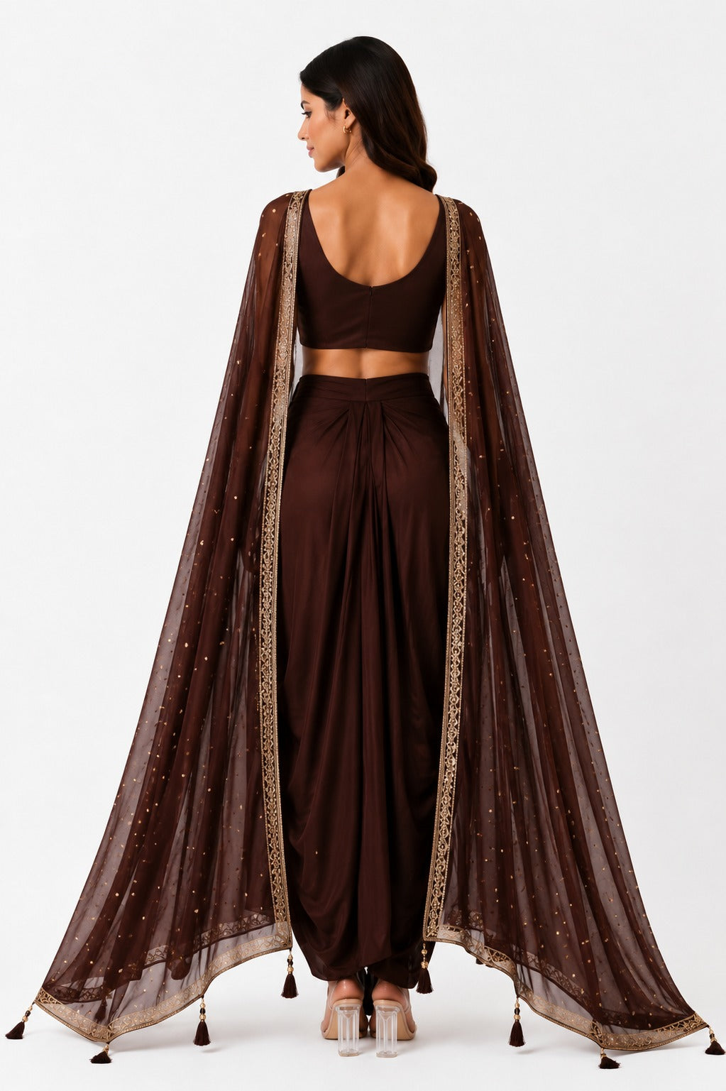 Women's Brown Embroidered Dhoti Pant Co-Ord Set with Net Cape and Tassel Details