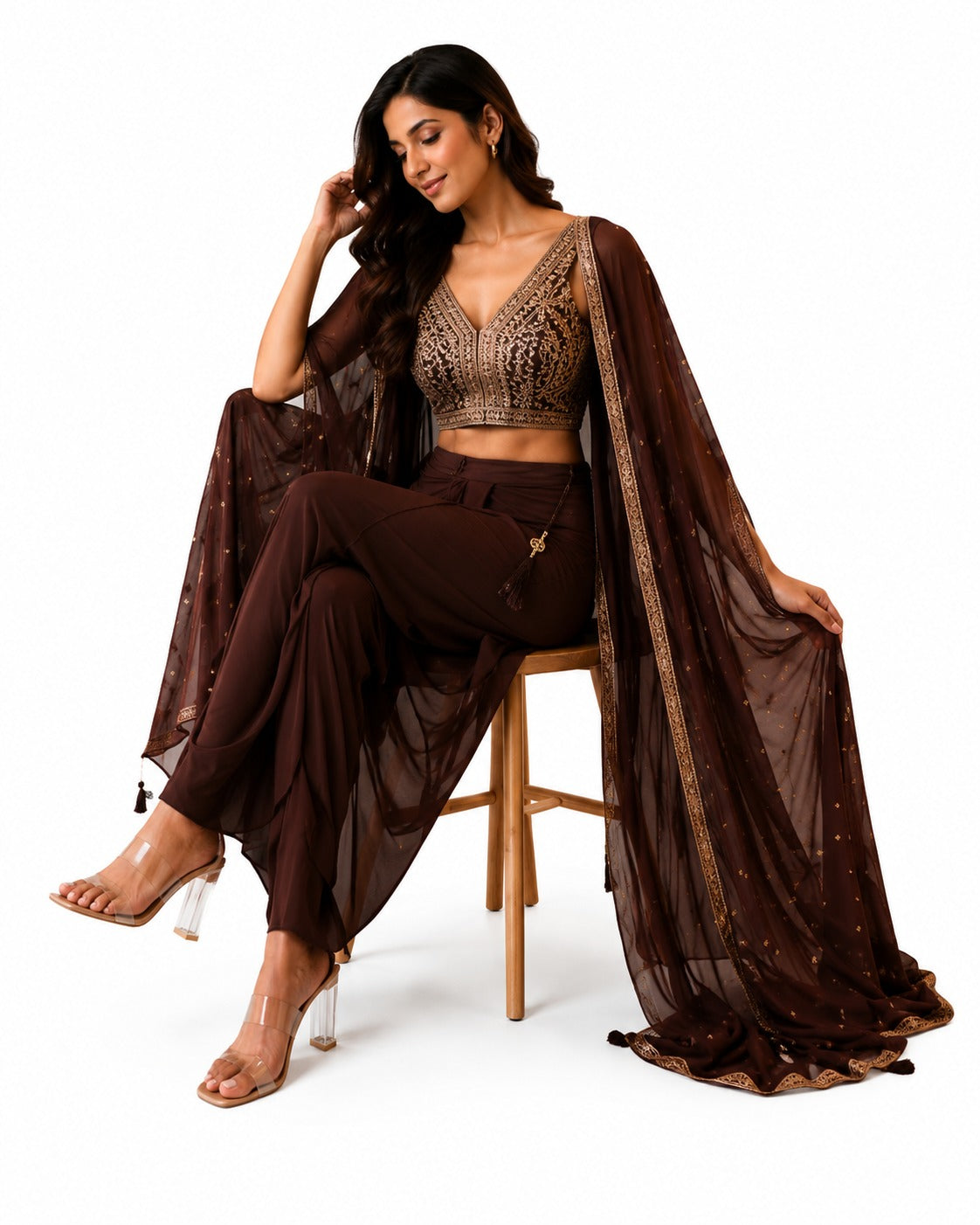 Women's Brown Embroidered Dhoti Pant Co-Ord Set with Net Cape and Tassel Details
