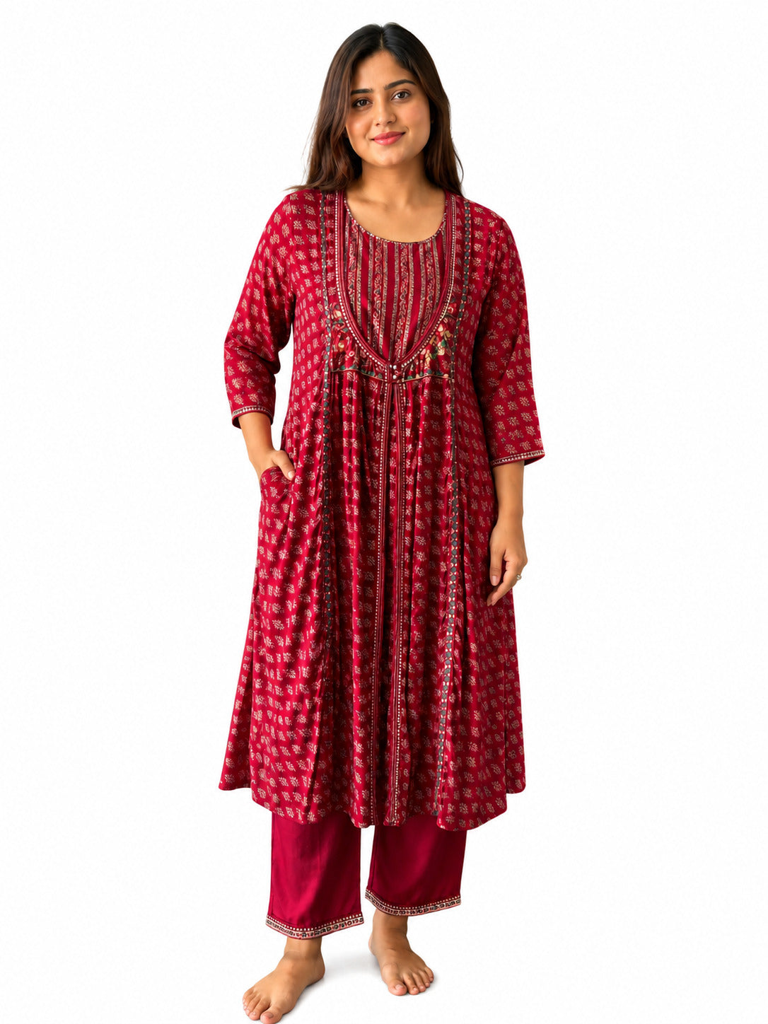 Women's Maroon Printed A-Line Kurta Set with Straight Pants | Ethnic Wear