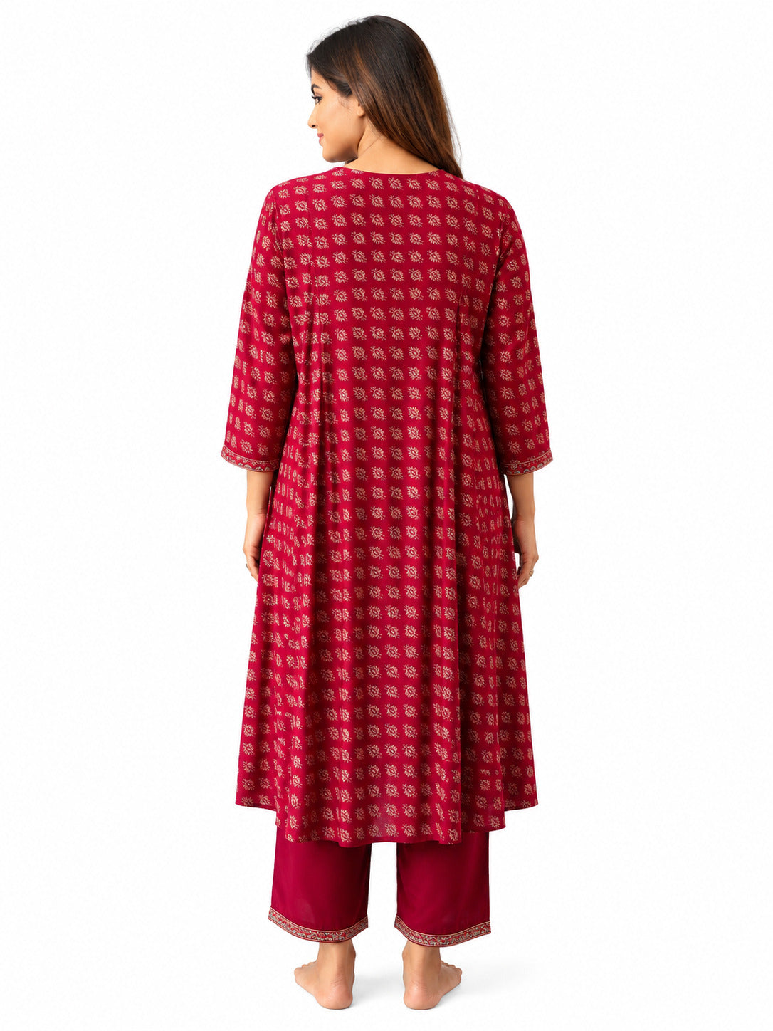 Women's Maroon Printed A-Line Kurta Set with Straight Pants | Ethnic Wear