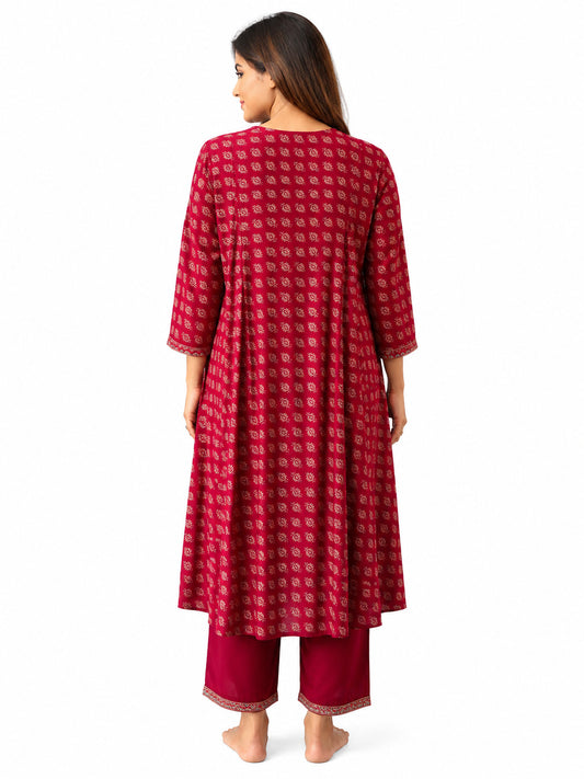 Women's Maroon Printed A-Line Kurta Set with Straight Pants | Ethnic Wear