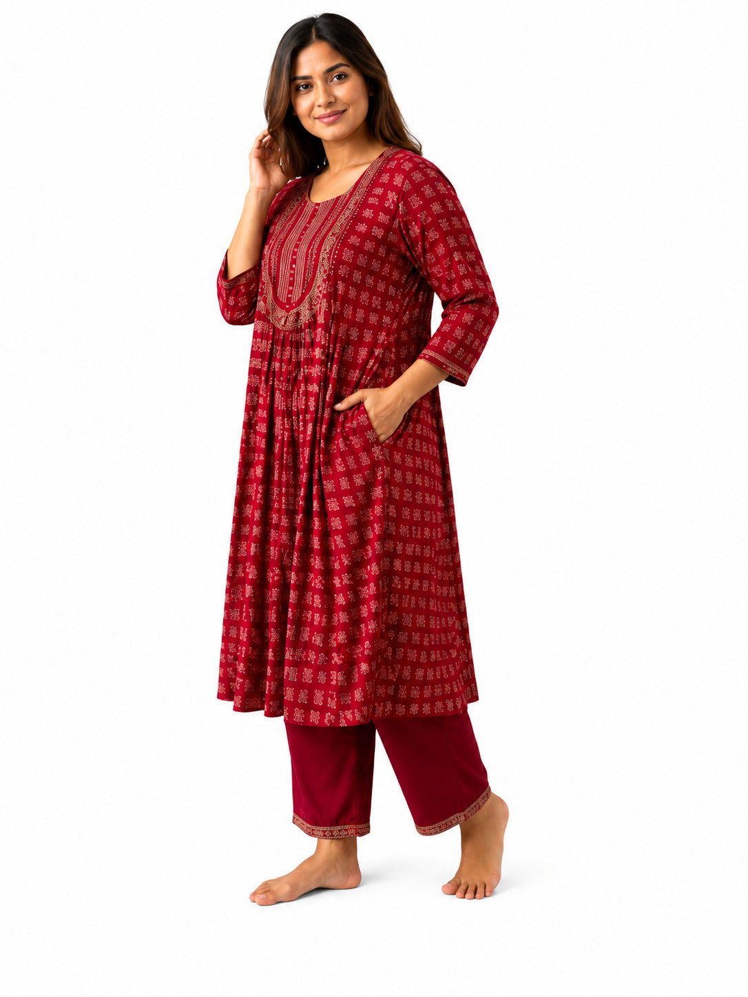 Women's Maroon Printed A-Line Kurta Set with Straight Pants | Ethnic Wear