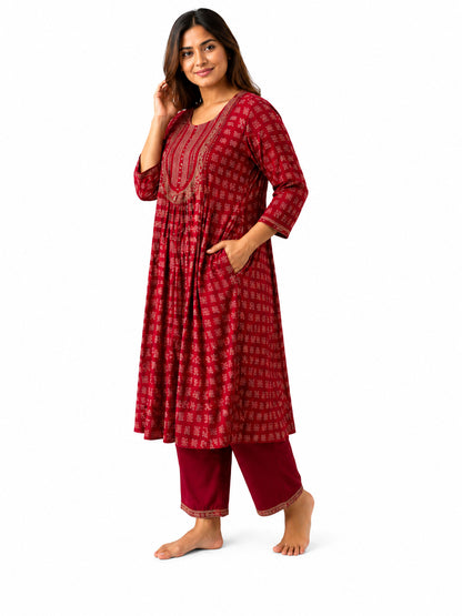 Women's Maroon Printed A-Line Kurta Set with Straight Pants | Ethnic Wear