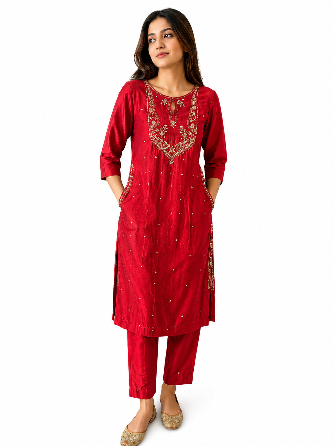 Women's Red Embroidered Kurta Set with Straight Pants | Festive Ethnic Wear