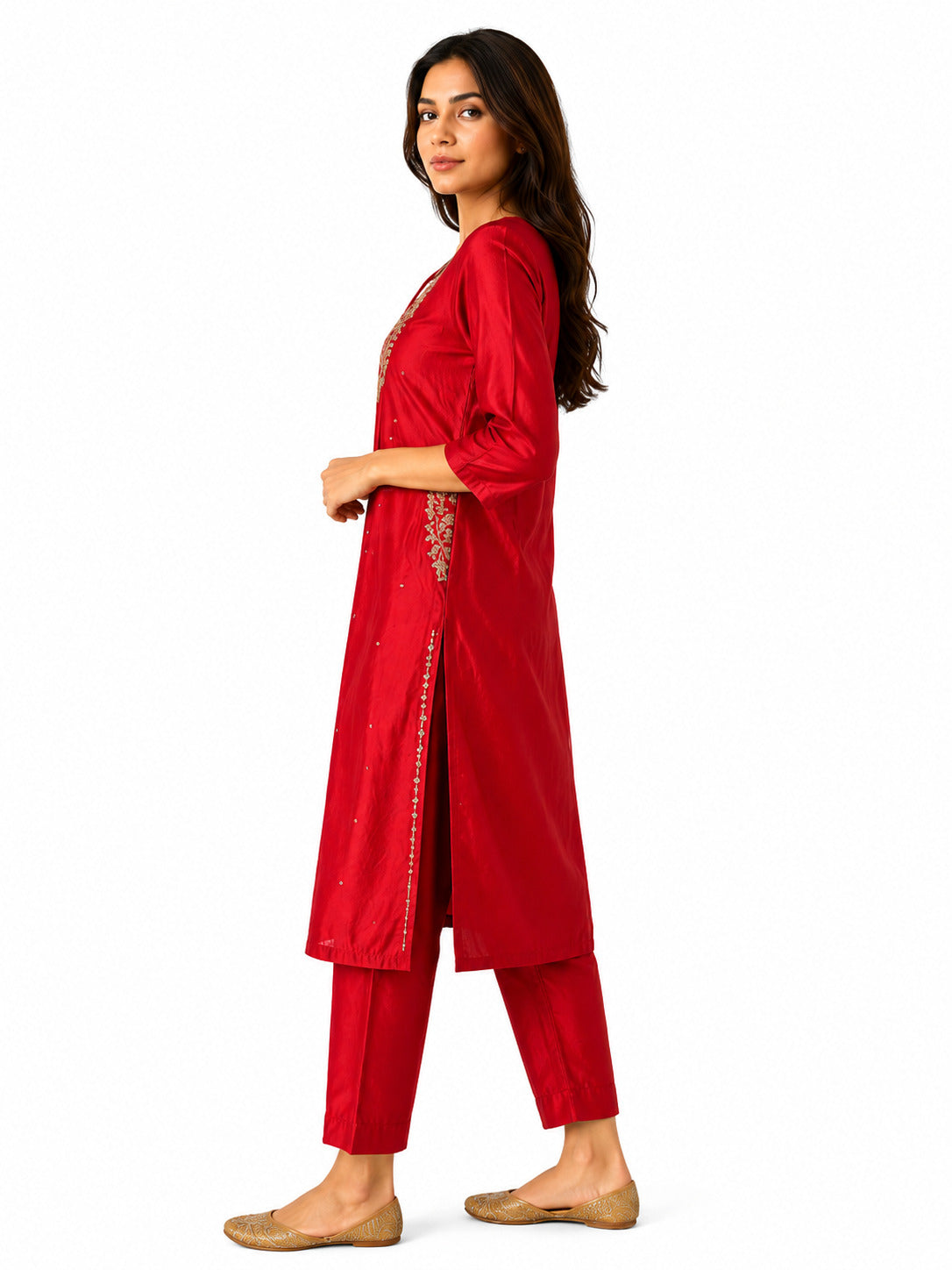 Women's Red Embroidered Kurta Set with Straight Pants | Festive Ethnic Wear