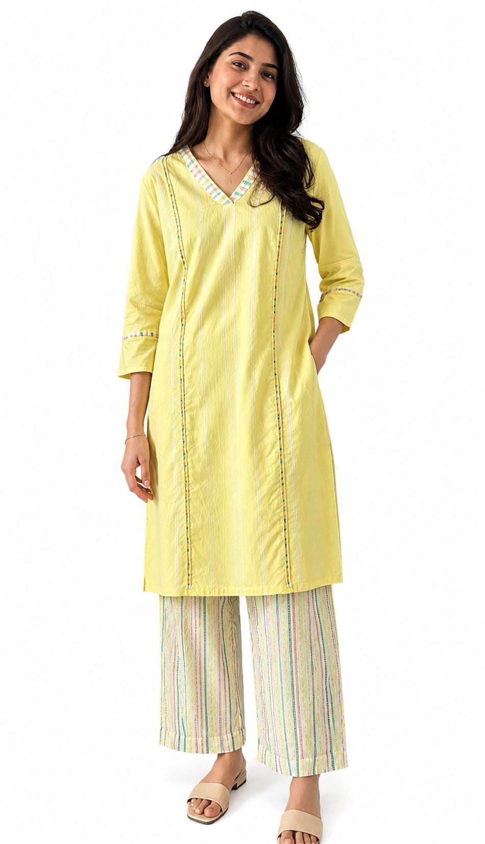 Women's Lemon Yellow Kurta Set with Striped Palazzo Pants | Cotton Ethnic Co-Ord Set