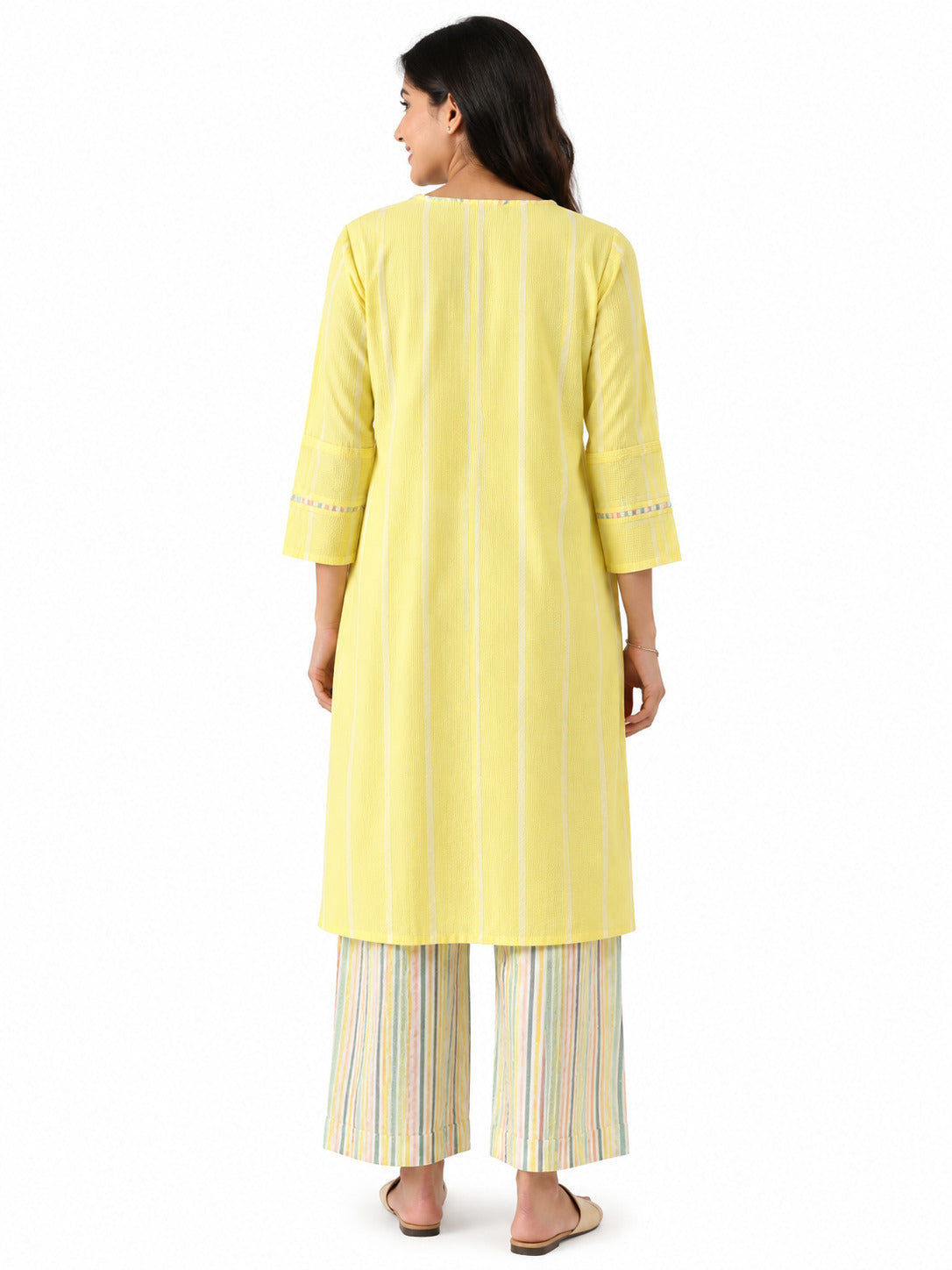 Women's Lemon Yellow Kurta Set with Striped Palazzo Pants | Cotton Ethnic Co-Ord Set