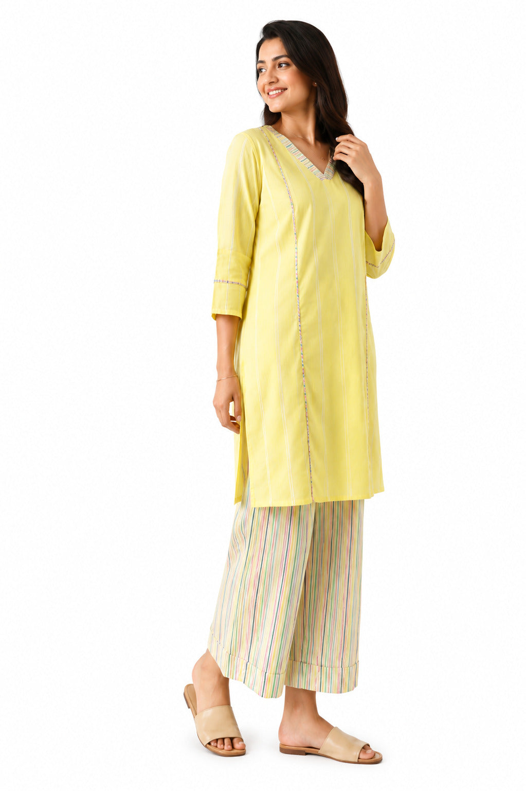 Women's Lemon Yellow Kurta Set with Striped Palazzo Pants | Cotton Ethnic Co-Ord Set