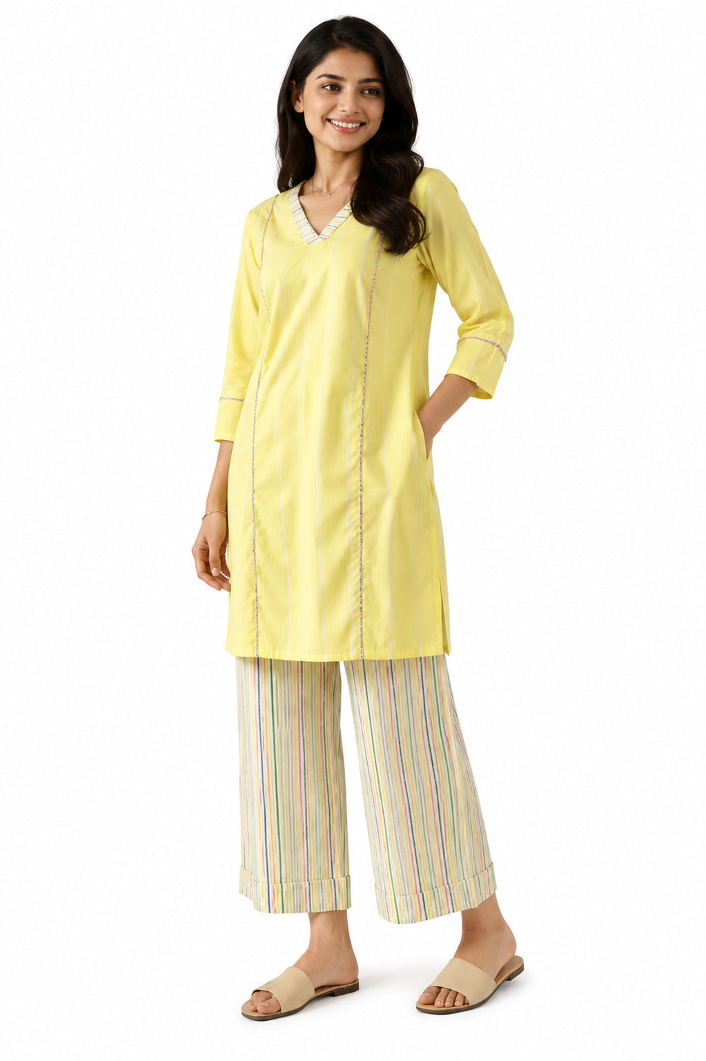 Women's Lemon Yellow Kurta Set with Striped Palazzo Pants | Cotton Ethnic Co-Ord Set