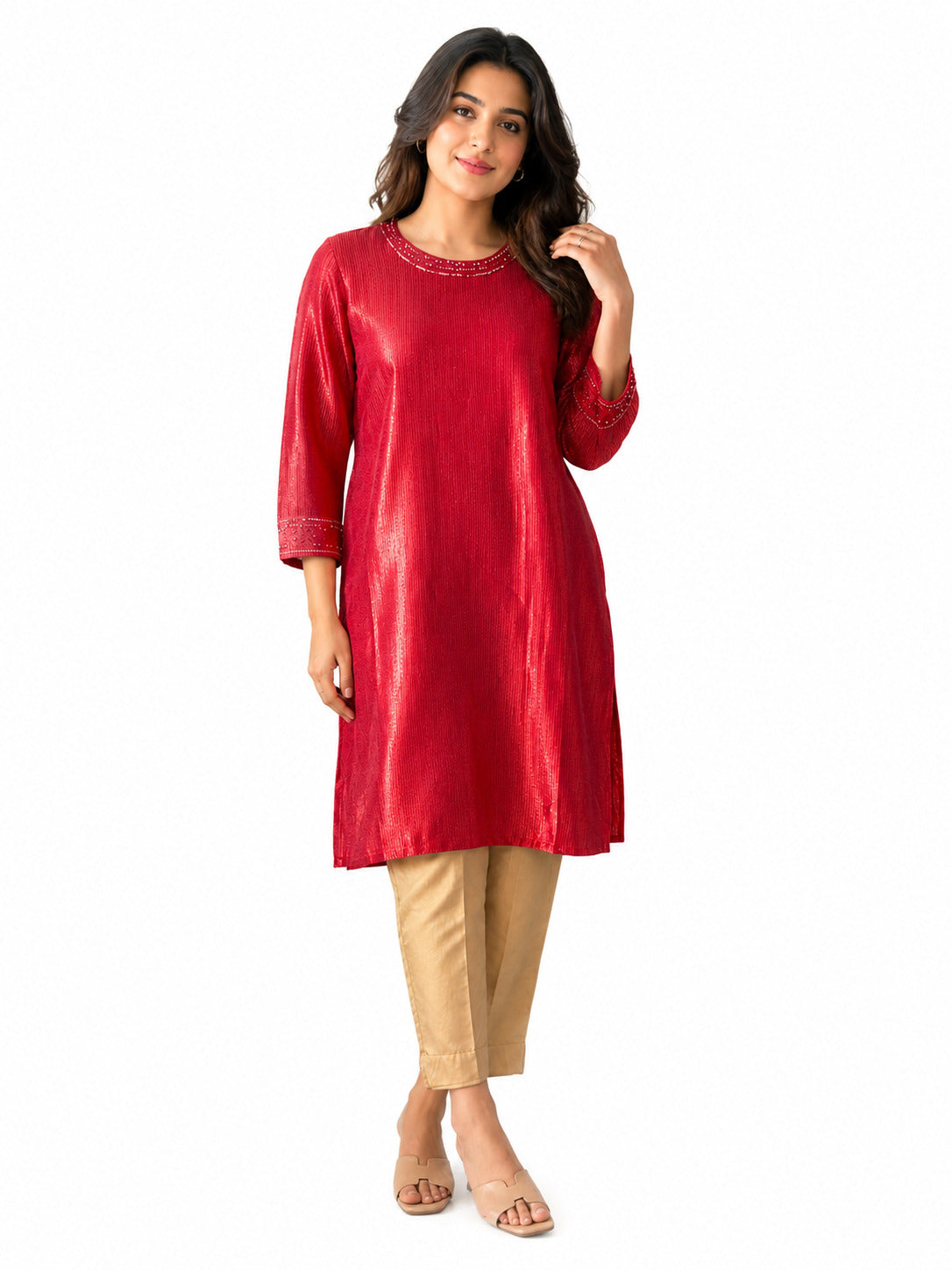 Women's Red Shimmer Embellished Straight Kurta | Festive & Party Wear