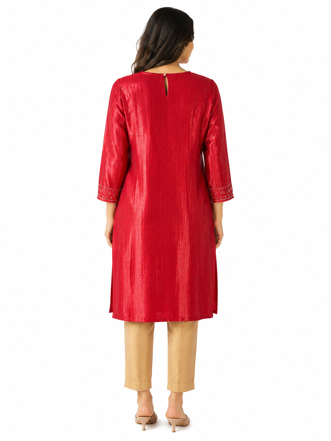 Women's Red Shimmer Embellished Straight Kurta | Festive & Party Wear