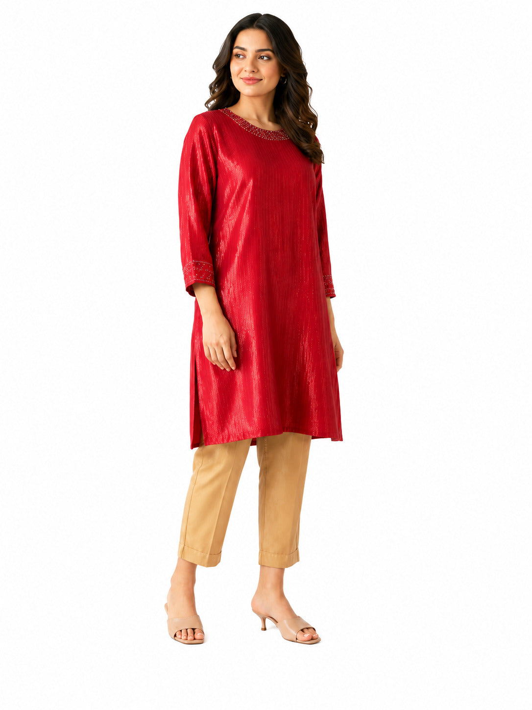 Women's Red Shimmer Embellished Straight Kurta | Festive & Party Wear
