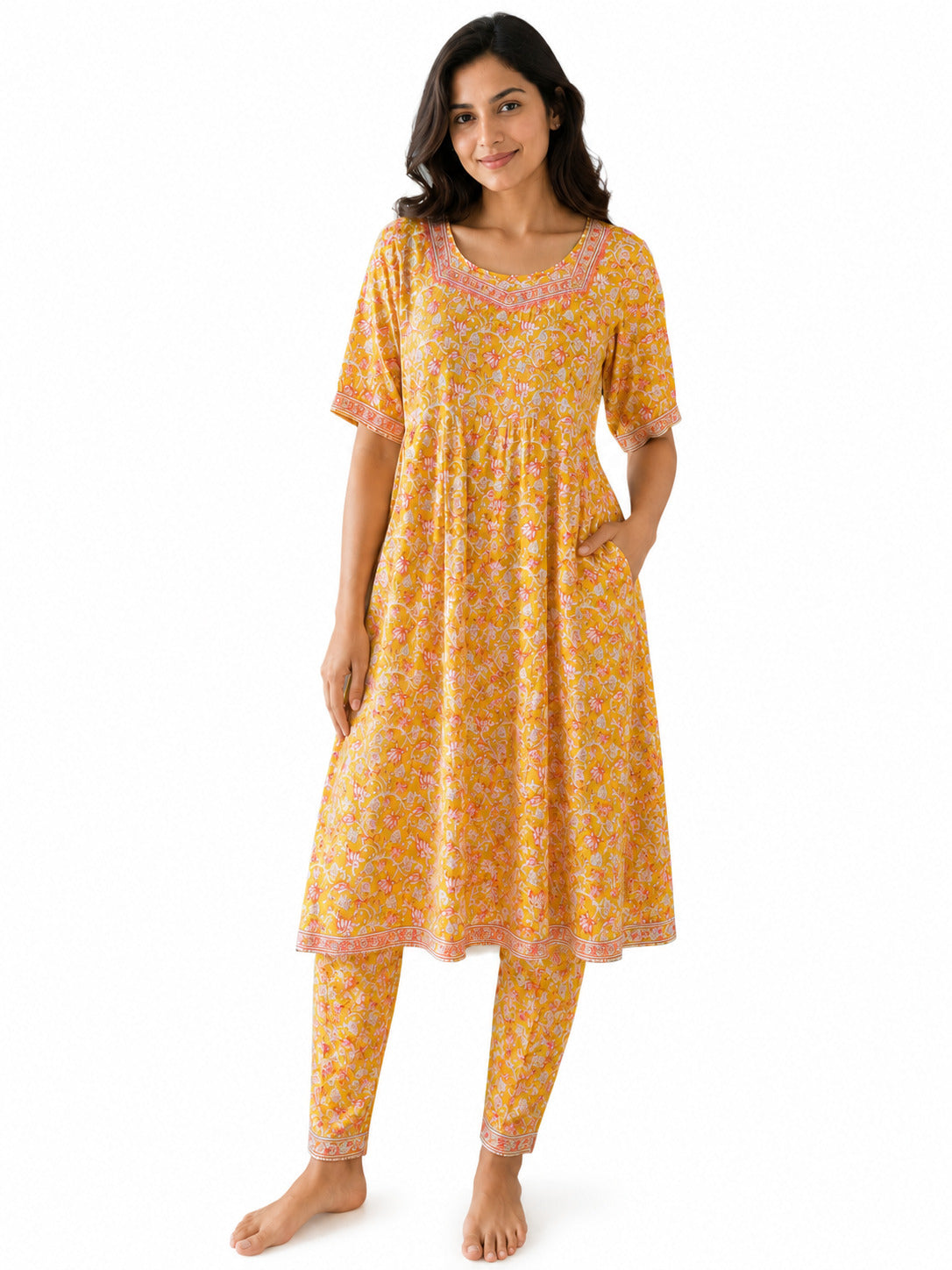 Women's Mustard Yellow Floral Printed Cotton Kurta Set with Pants