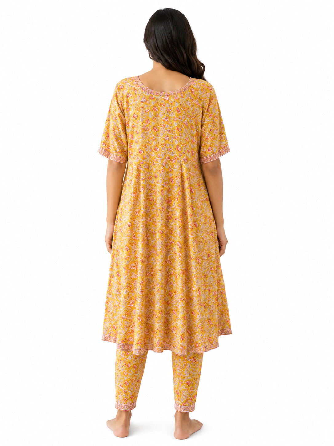 Women's Mustard Yellow Floral Printed Cotton Kurta Set with Pants
