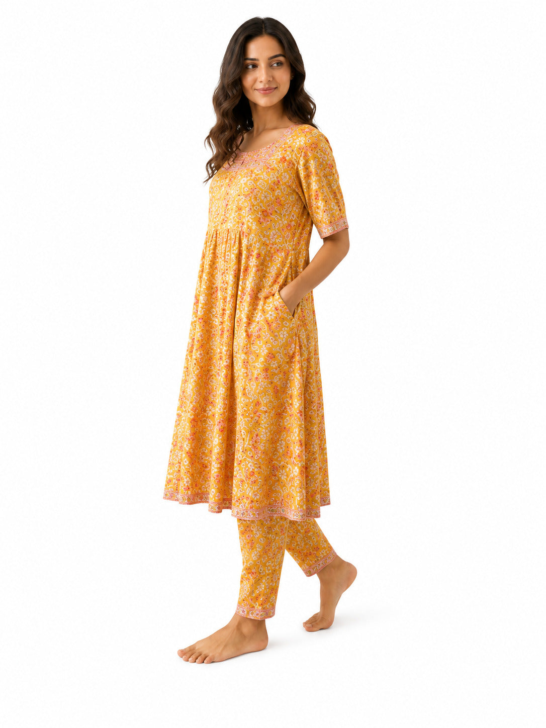 Women's Mustard Yellow Floral Printed Cotton Kurta Set with Pants