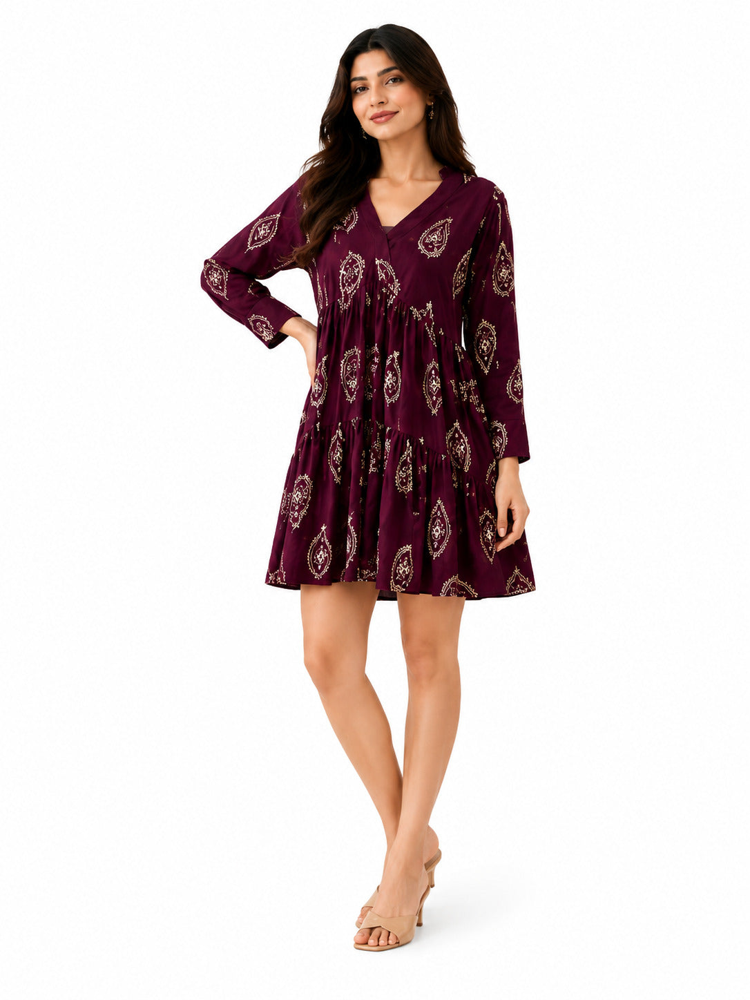 Women's Wine Purple Printed Tiered Mini Dress with V-Neck