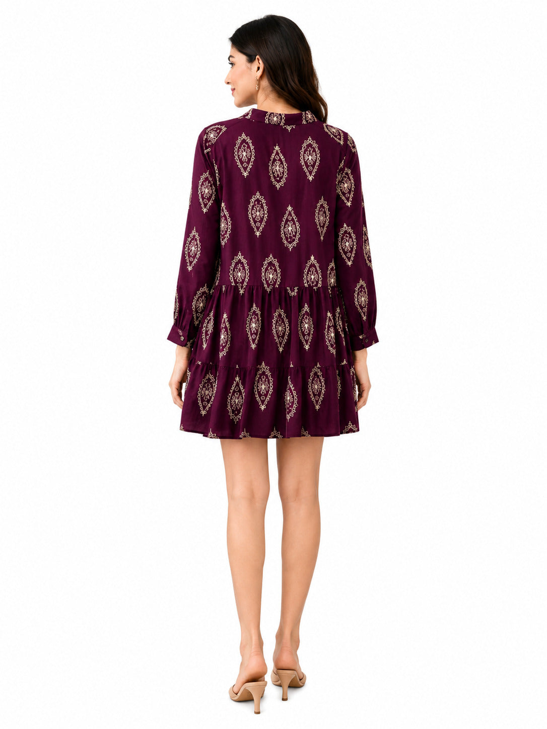 Women's Wine Purple Printed Tiered Mini Dress with V-Neck