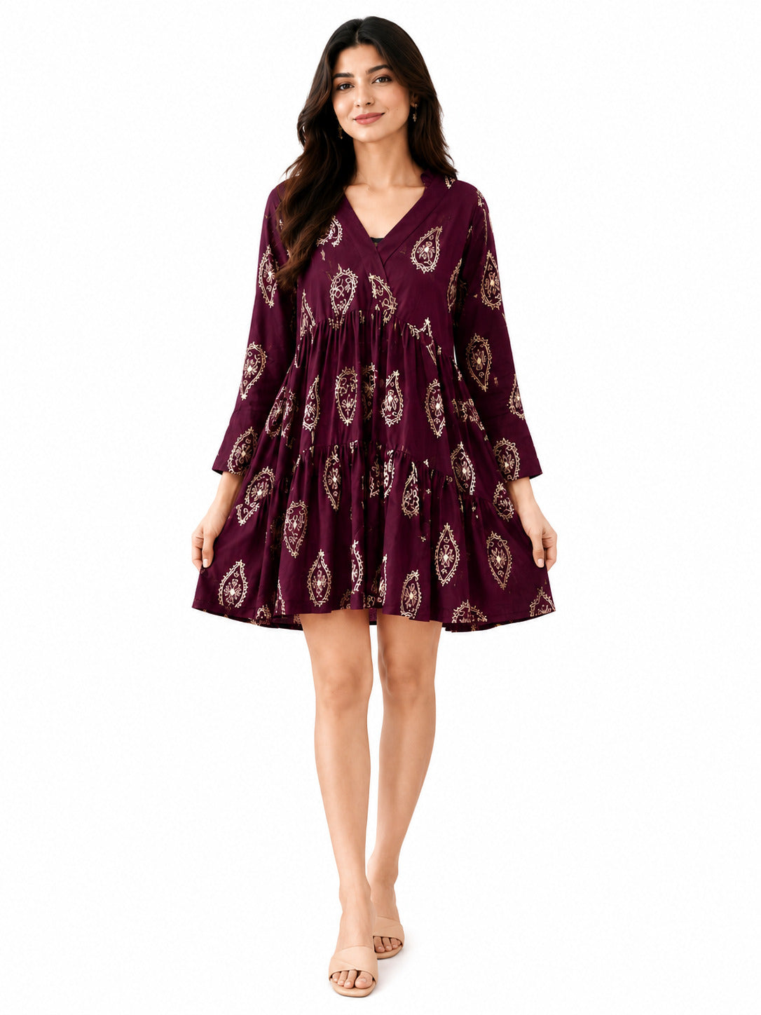Women's Wine Purple Printed Tiered Mini Dress with V-Neck