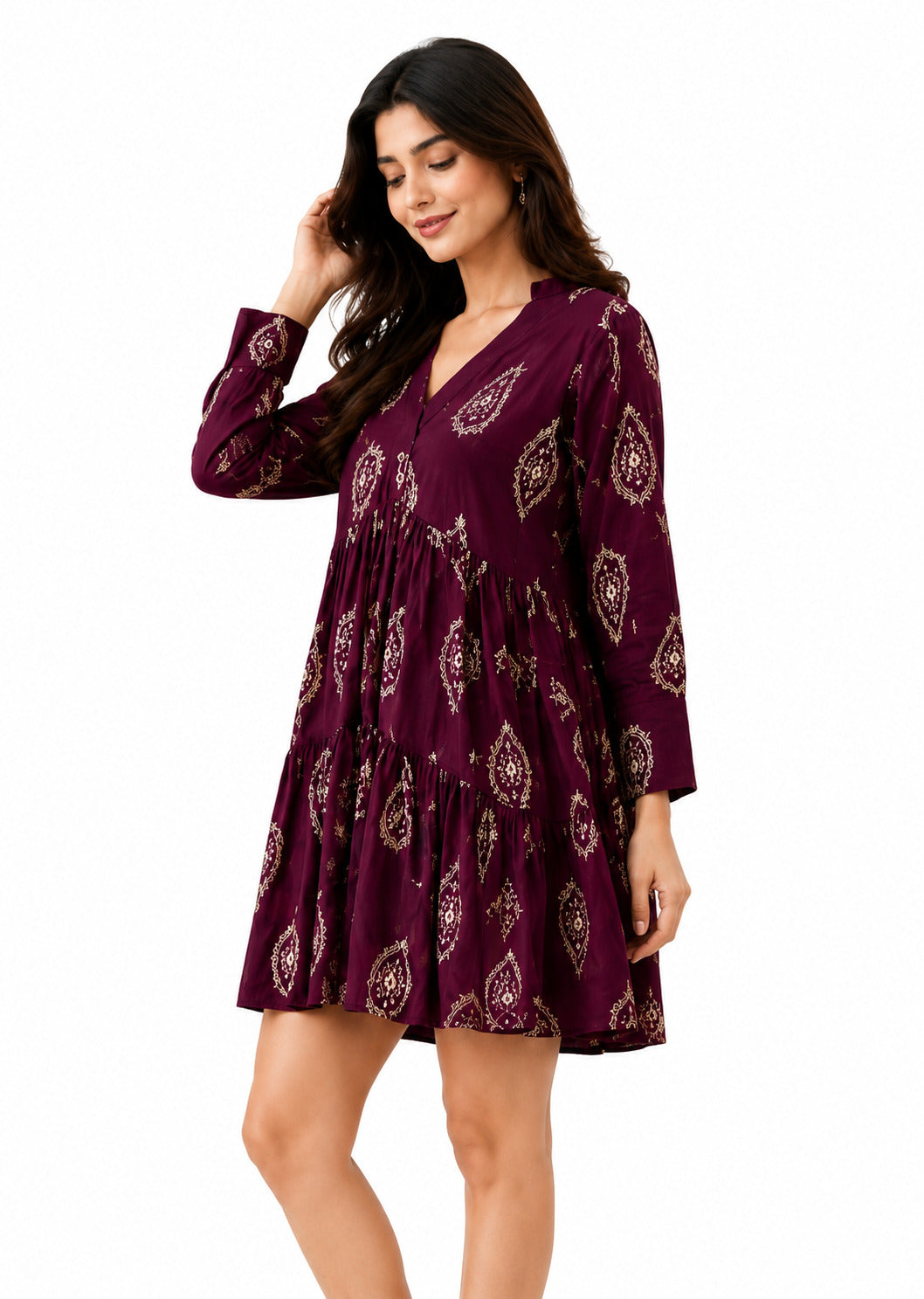 Women's Wine Purple Printed Tiered Mini Dress with V-Neck