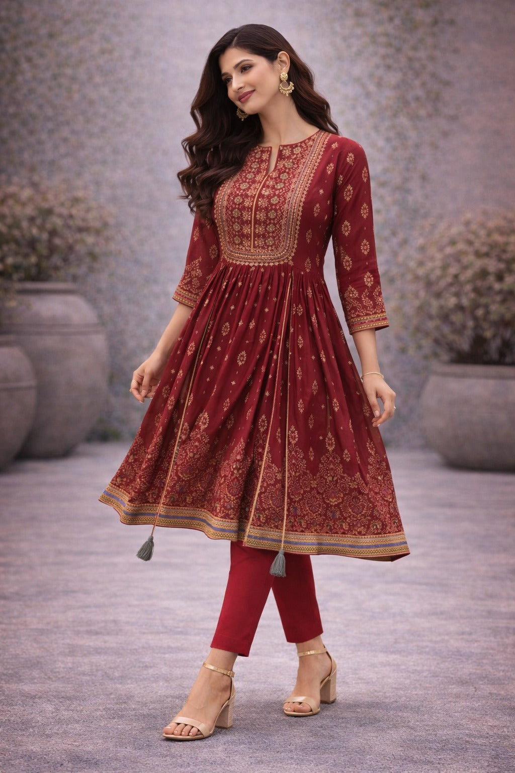 “Elegant Maroon Anarkali Kurti Set with Gold Embroidery & Pants – Festive Wear for Women”