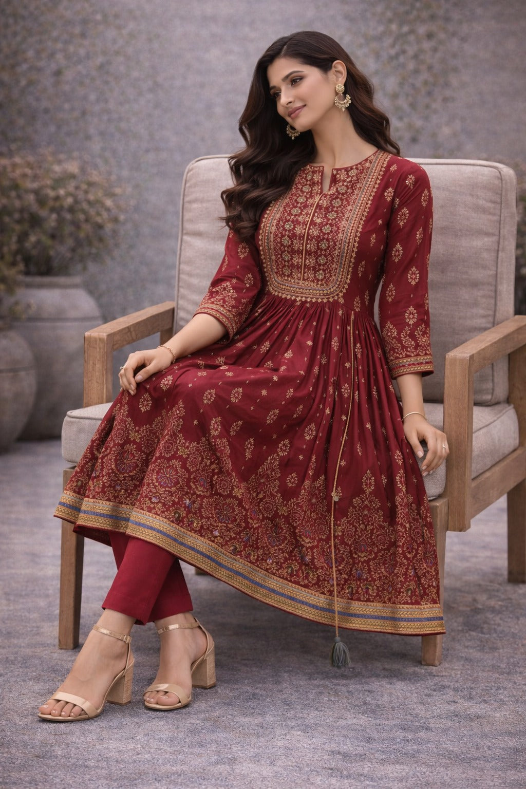 “Elegant Maroon Anarkali Kurti Set with Gold Embroidery & Pants – Festive Wear for Women”