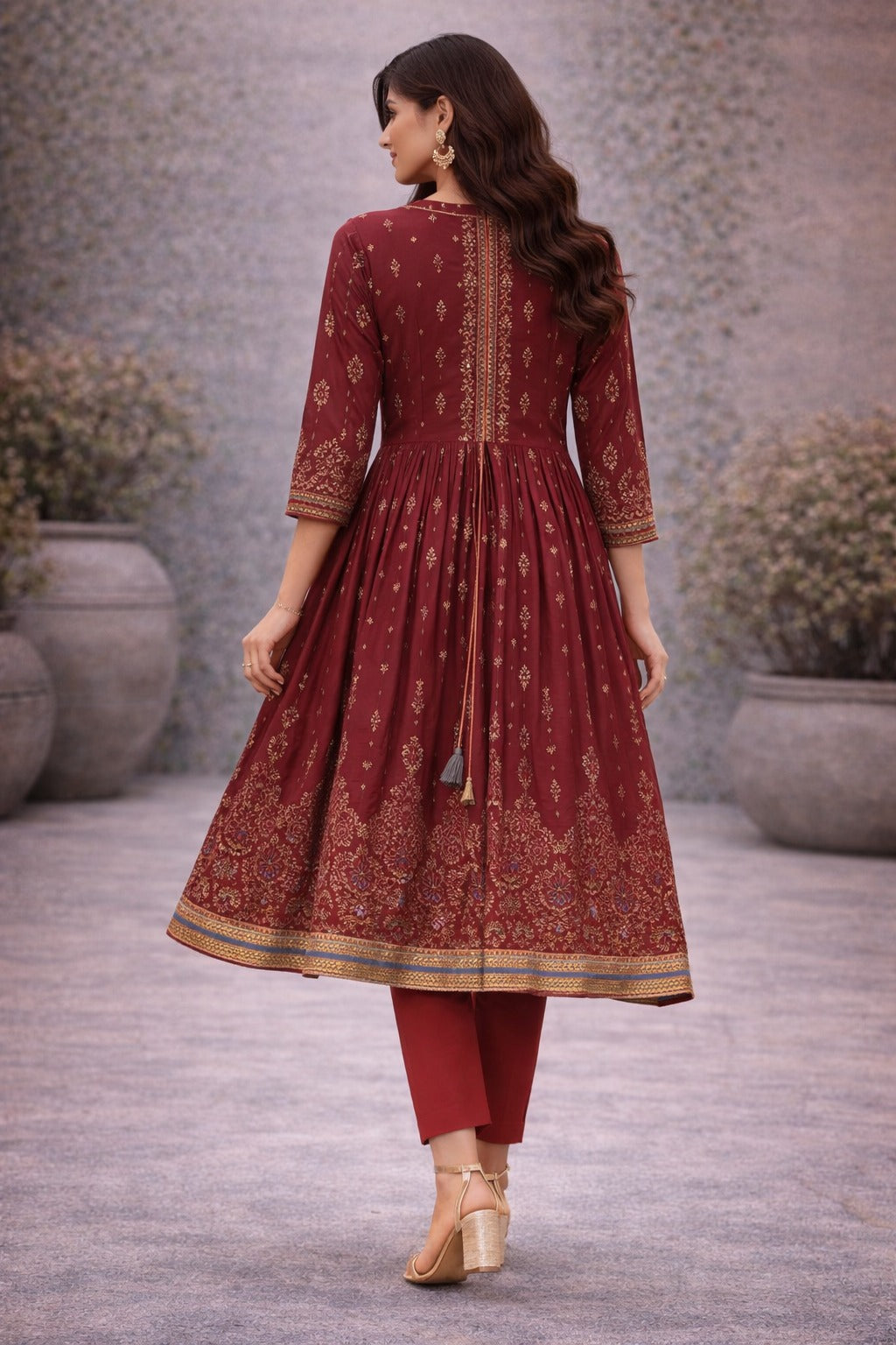 “Elegant Maroon Anarkali Kurti Set with Gold Embroidery & Pants – Festive Wear for Women”