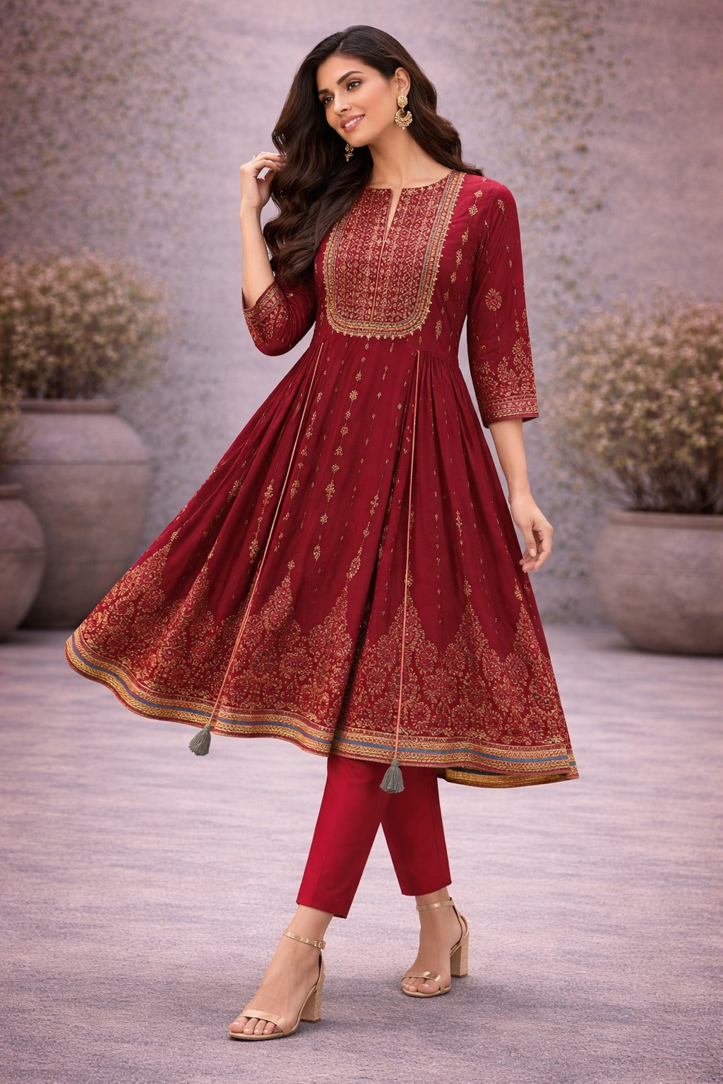 “Elegant Maroon Anarkali Kurti Set with Gold Embroidery & Pants – Festive Wear for Women”
