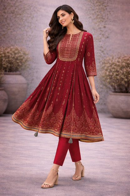 “Elegant Maroon Anarkali Kurti Set with Gold Embroidery & Pants – Festive Wear for Women”