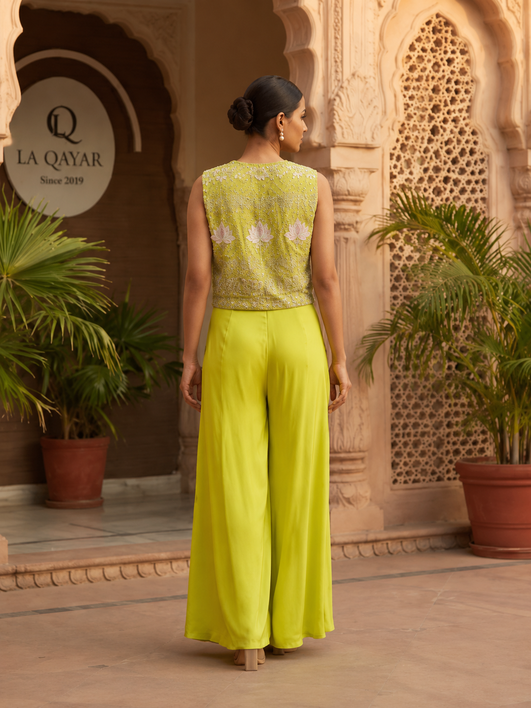 Lime Green Embroidered Palazzo Set with Sleeveless Jacket for Women