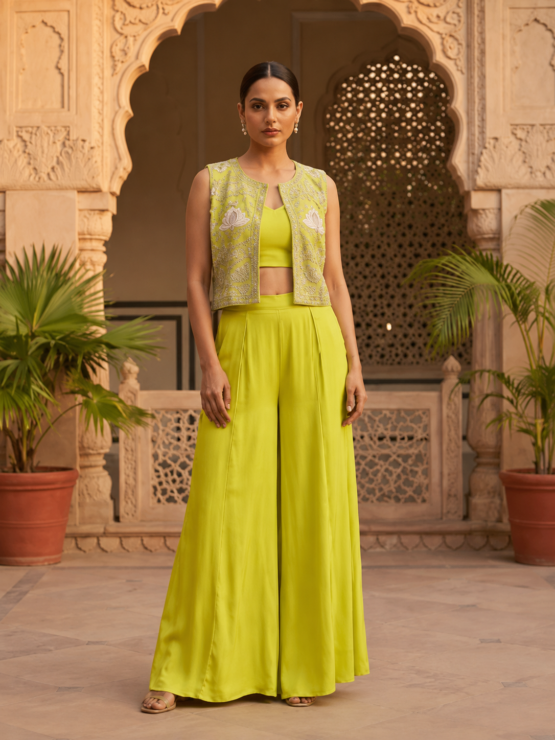 Lime Green Embroidered Palazzo Set with Sleeveless Jacket for Women